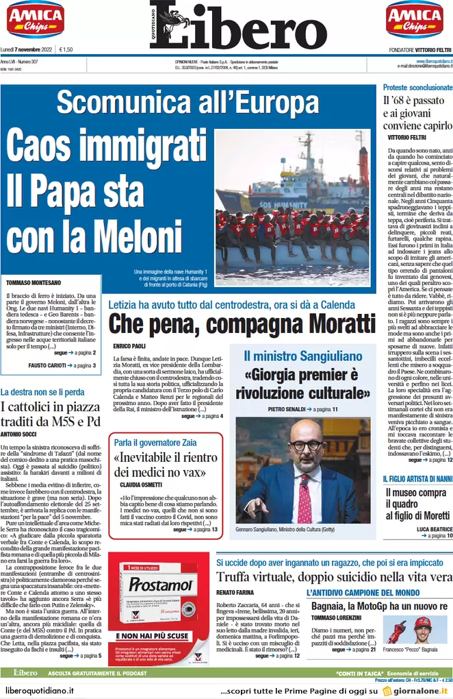 Prime pagine giornali 7 novembre 2022. Migranti, Papa: “L’Ue aiuti l’Italia”
