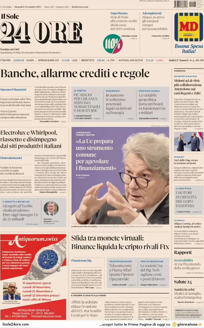 Prime pagine giornali 8 novembre 2022. Pd, Letta chiude a Moratti in Lombardia
