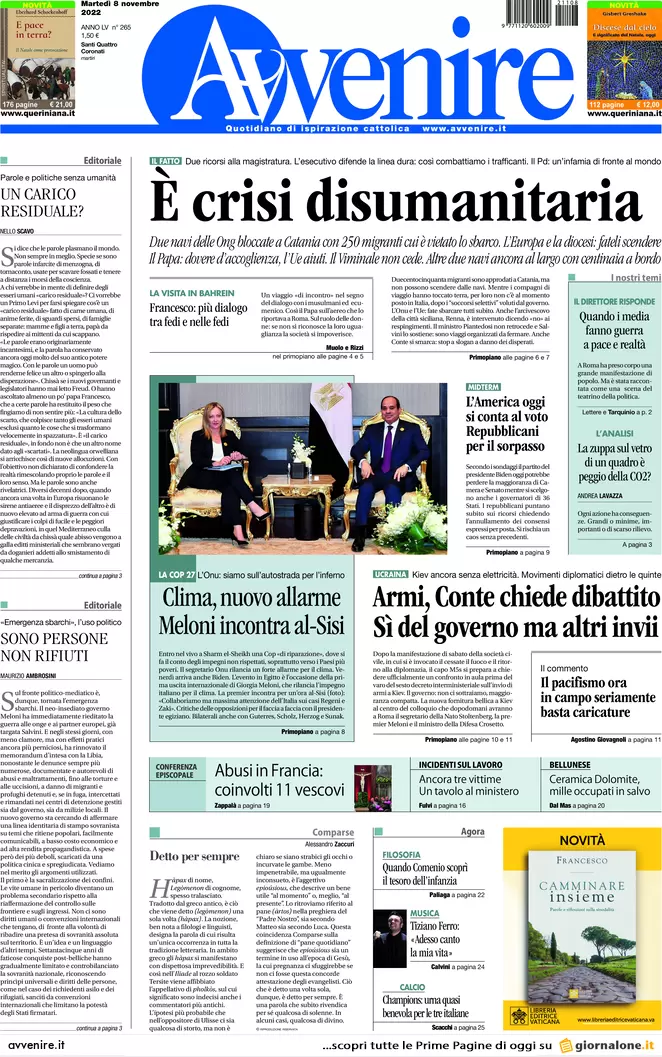 Prime pagine giornali 8 novembre 2022. Pd, Letta chiude a Moratti in Lombardia