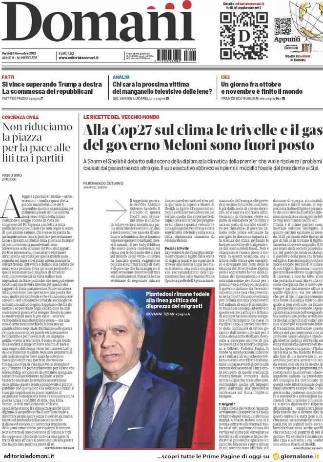 Prime pagine giornali 8 novembre 2022. Pd, Letta chiude a Moratti in Lombardia