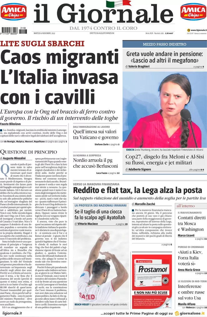 Prime pagine giornali 8 novembre 2022. Pd, Letta chiude a Moratti in Lombardia
