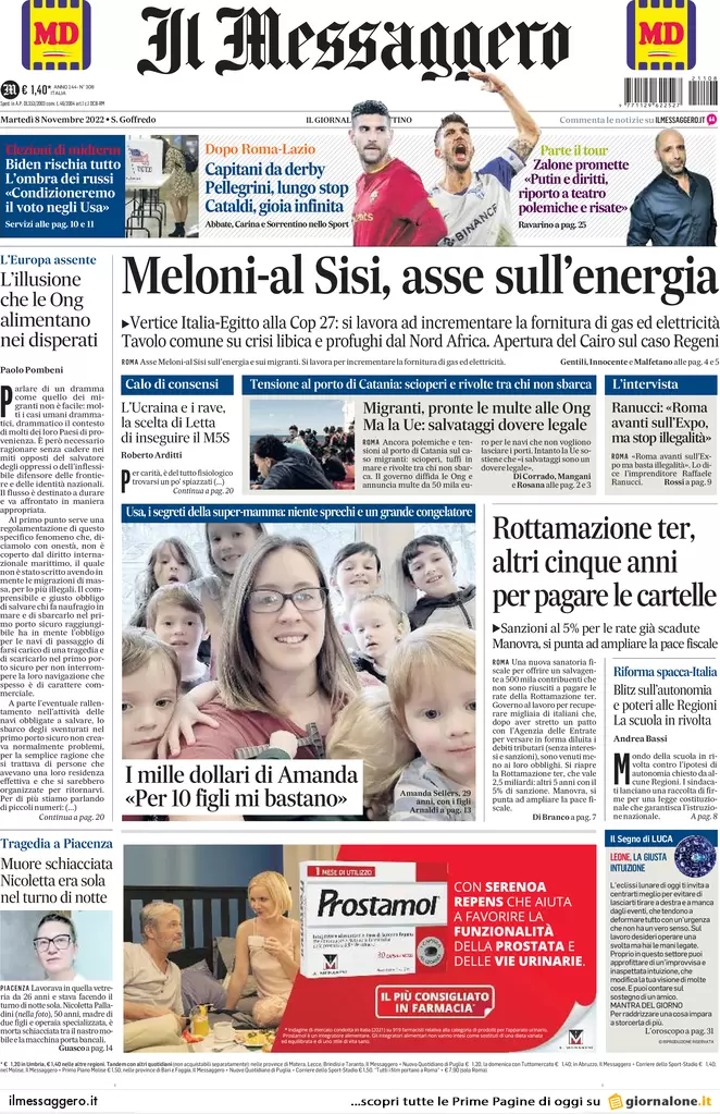 Prime pagine giornali 8 novembre 2022. Pd, Letta chiude a Moratti in Lombardia