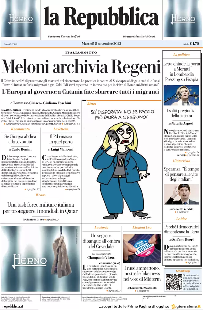 Prime pagine giornali 8 novembre 2022. Pd, Letta chiude a Moratti in Lombardia