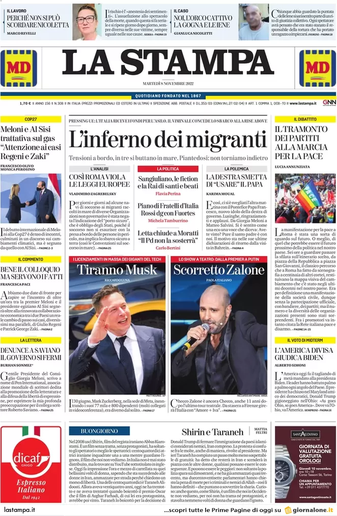 Prime pagine giornali 8 novembre 2022. Pd, Letta chiude a Moratti in Lombardia