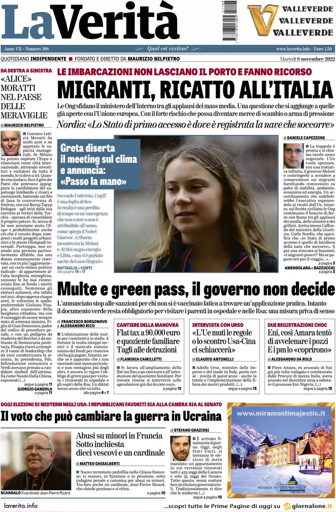 Prime pagine giornali 8 novembre 2022. Pd, Letta chiude a Moratti in Lombardia