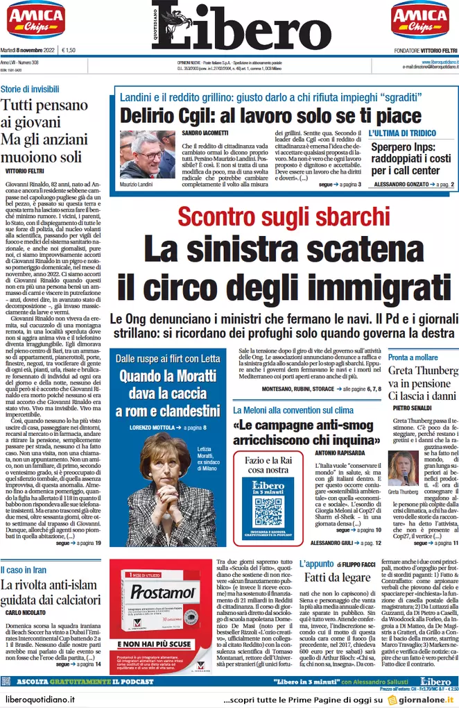 Prime pagine giornali 8 novembre 2022. Pd, Letta chiude a Moratti in Lombardia