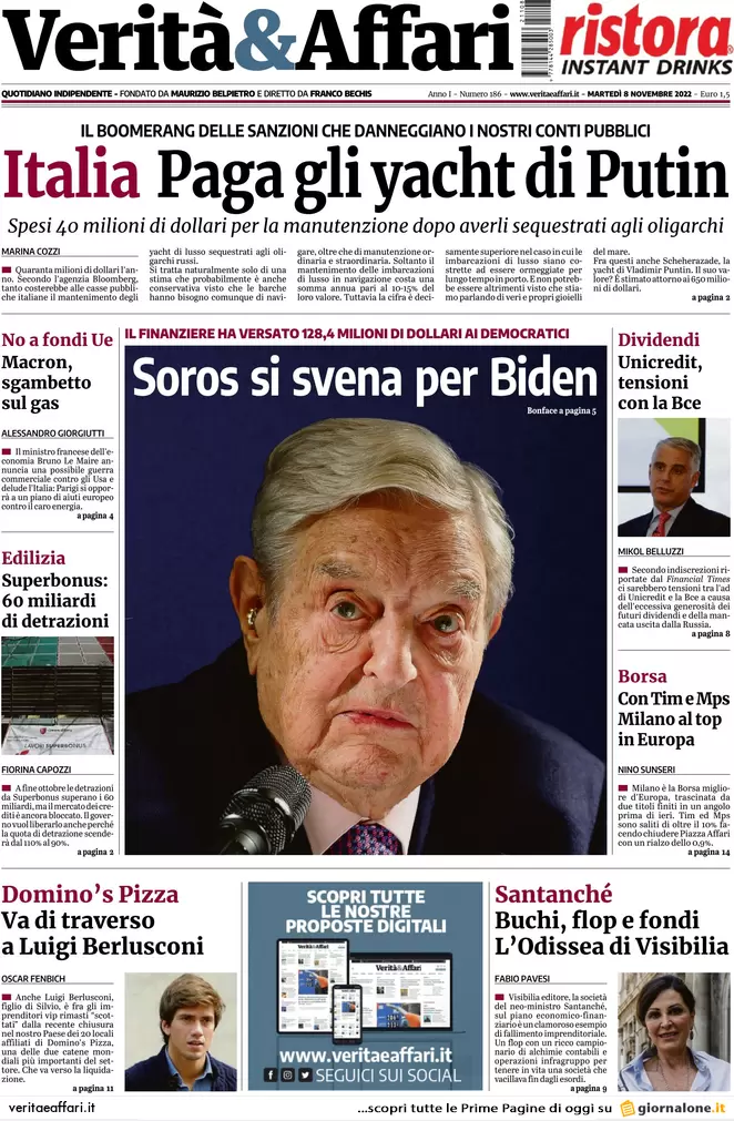 Prime pagine giornali economici 8 novembre. Soros, 128mln per sostegno a Biden