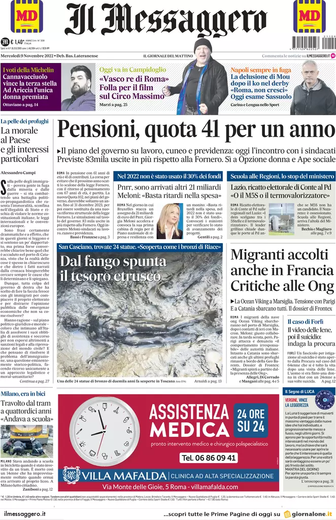 Prime pagine giornali 9 novembre 2022. Lazio, il Pd va con Calenda e Renzi Prime pagine giornali 9 novembre 2022. Lazio, il Pd va con Calenda e Renzi