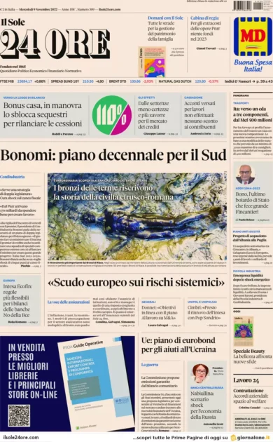 Prime pagine giornali economici 9 novembre. Pensioni, quota 41 per un anno
