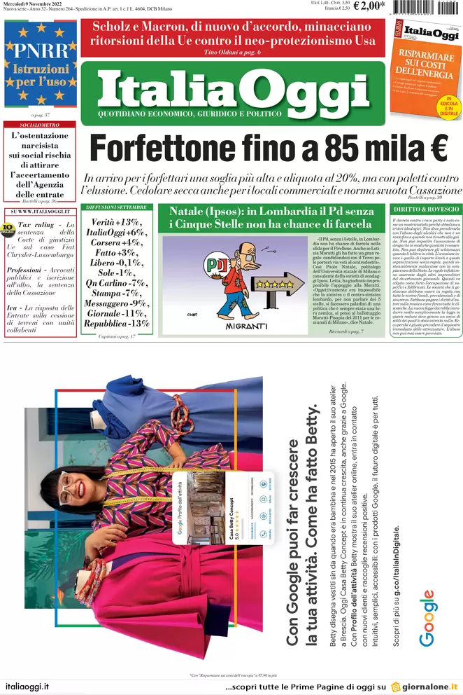 Prime pagine giornali economici 9 novembre. Pensioni, quota 41 per un anno