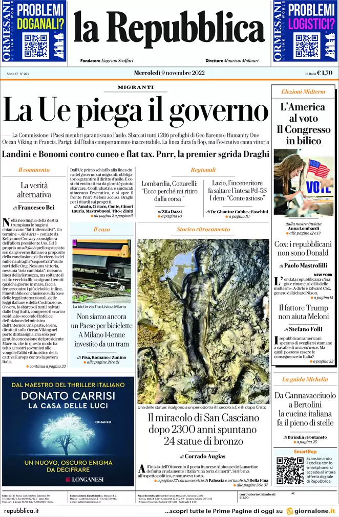 Prime pagine giornali 9 novembre 2022. Lazio, il Pd va con Calenda e Renzi Prime pagine giornali 9 novembre 2022. Lazio, il Pd va con Calenda e Renzi