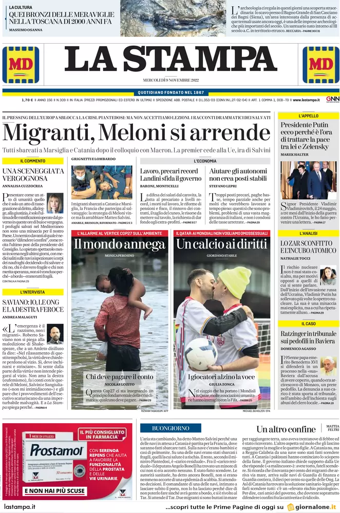 Prime pagine giornali 9 novembre 2022. Lazio, il Pd va con Calenda e Renzi Prime pagine giornali 9 novembre 2022. Lazio, il Pd va con Calenda e Renzi