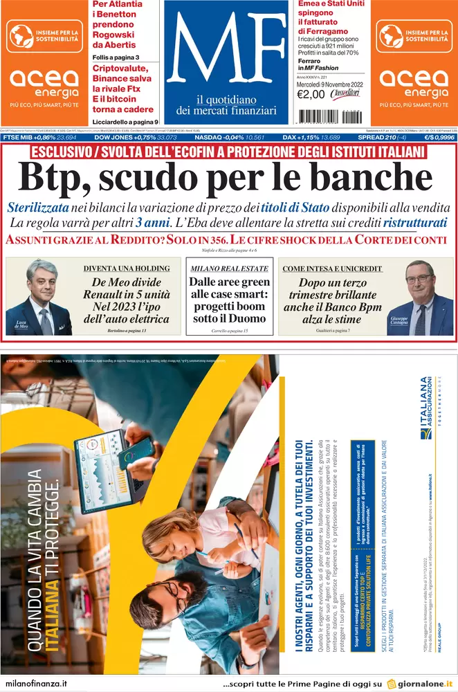 Prime pagine giornali economici 9 novembre. Pensioni, quota 41 per un anno