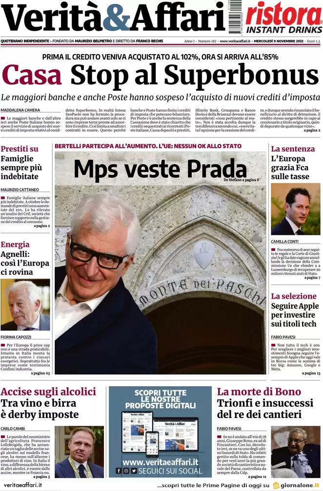 Prime pagine giornali economici 9 novembre. Pensioni, quota 41 per un anno