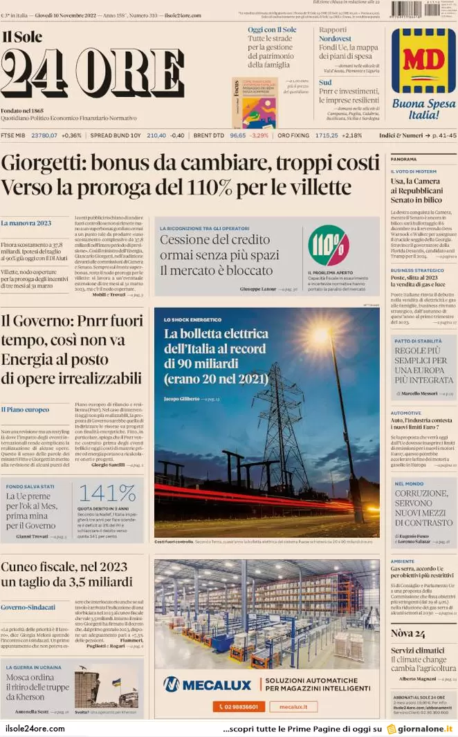Prime pagine giornali 10 novembre 2022. Caro bollette, aiuti solo per 3 mesi
