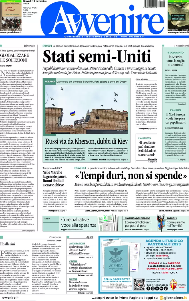 Prime pagine giornali 10 novembre 2022. Caro bollette, aiuti solo per 3 mesi
