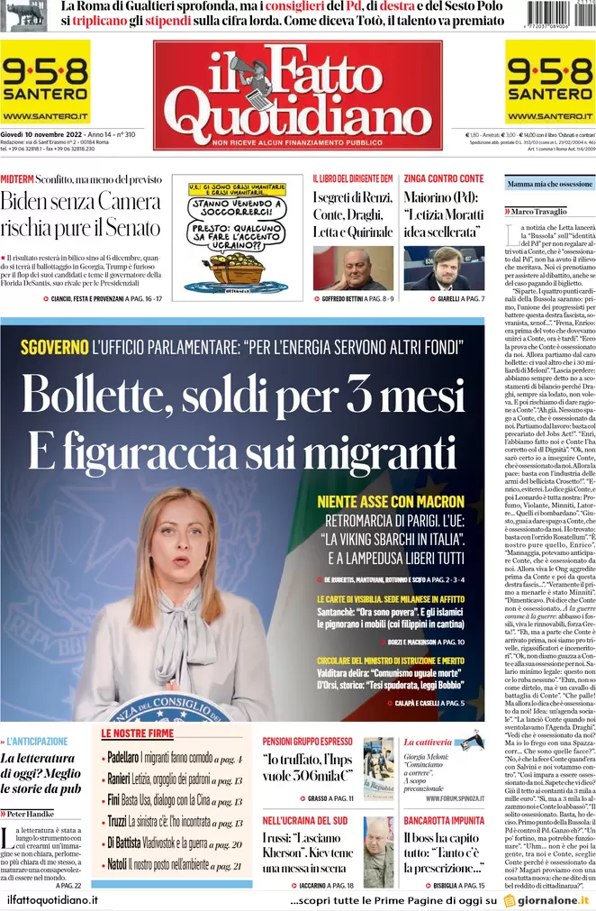 Prime pagine giornali 10 novembre 2022. Caro bollette, aiuti solo per 3 mesi