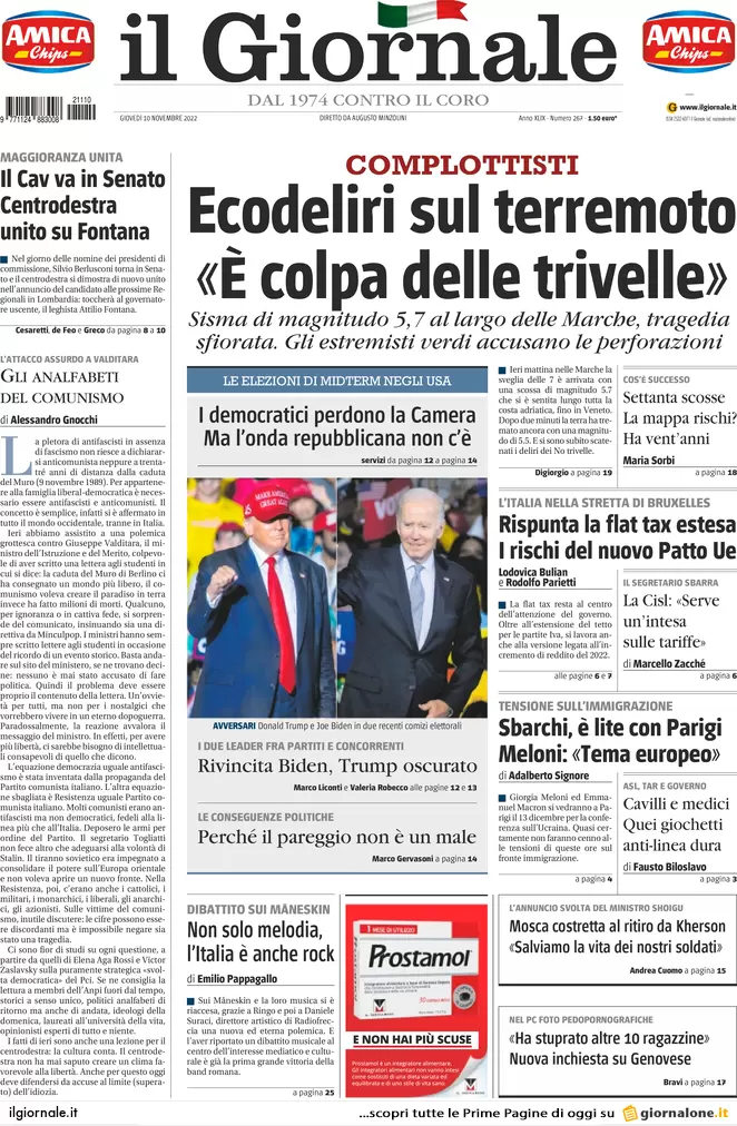 Prime pagine giornali 10 novembre 2022. Caro bollette, aiuti solo per 3 mesi