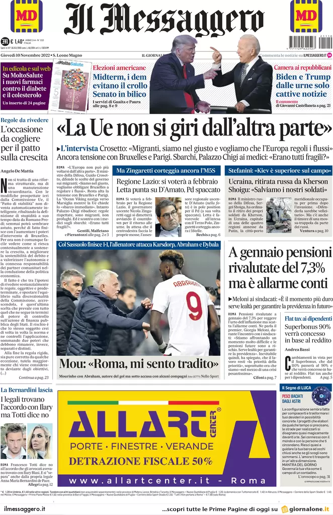 Prime pagine giornali 10 novembre 2022. Caro bollette, aiuti solo per 3 mesi