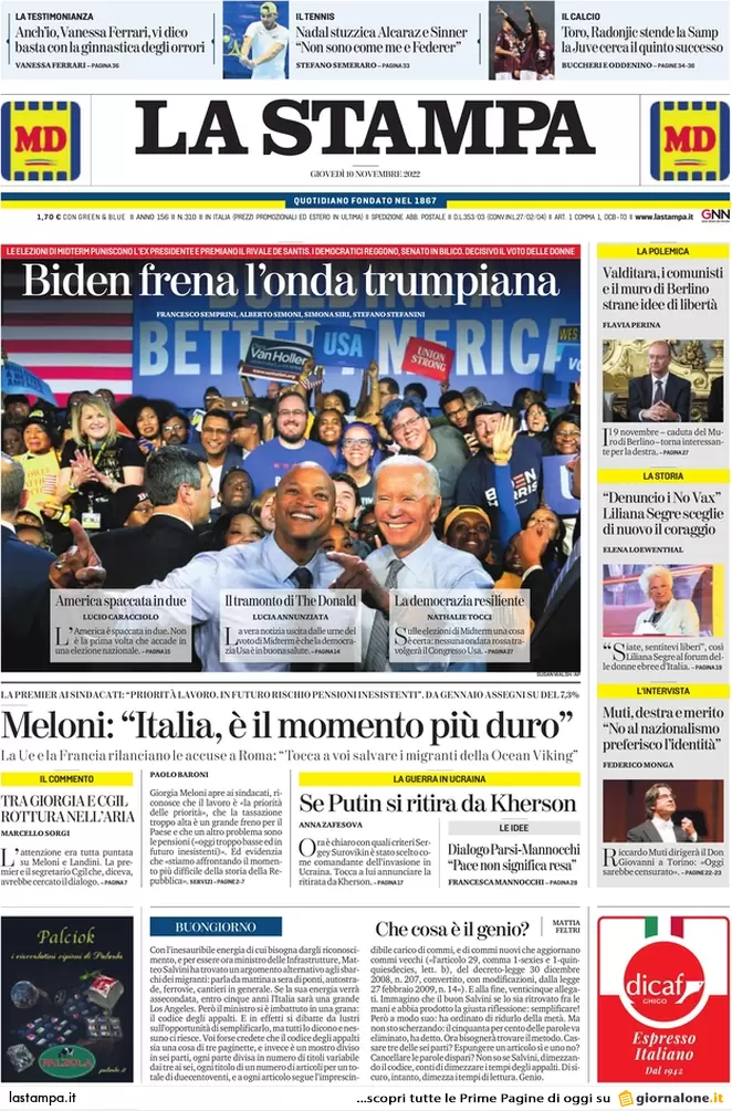 Prime pagine giornali 10 novembre 2022. Caro bollette, aiuti solo per 3 mesi
