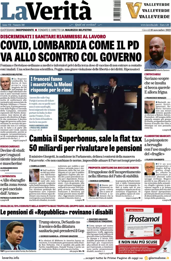 Prime pagine giornali 10 novembre 2022. Caro bollette, aiuti solo per 3 mesi