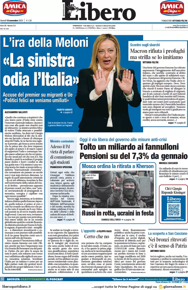 Prime pagine giornali 10 novembre 2022. Caro bollette, aiuti solo per 3 mesi
