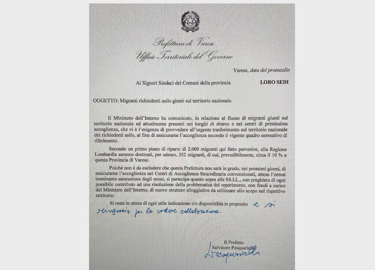 “Alla Lombardia ‘assegnati’ 352 migranti”. La lettera del Prefetto