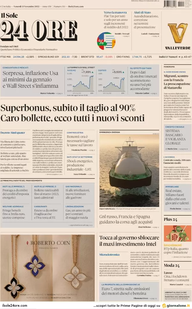 Prime pagine giornali 11 novembre 2022. Scuola, 100 € di aumento ai docenti