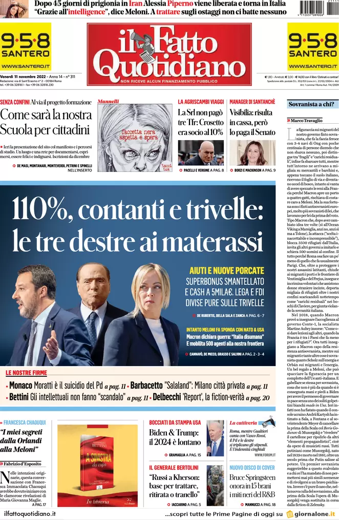 Prime pagine giornali 11 novembre 2022. Scuola, 100 € di aumento ai docenti