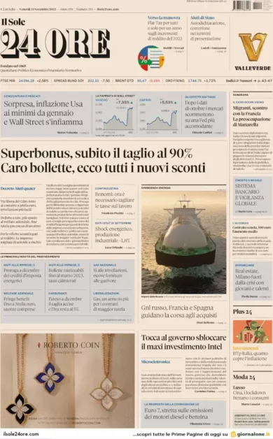 Prime pagine giornali economici 11 novembre. Bollette, pagamenti rateizzabili