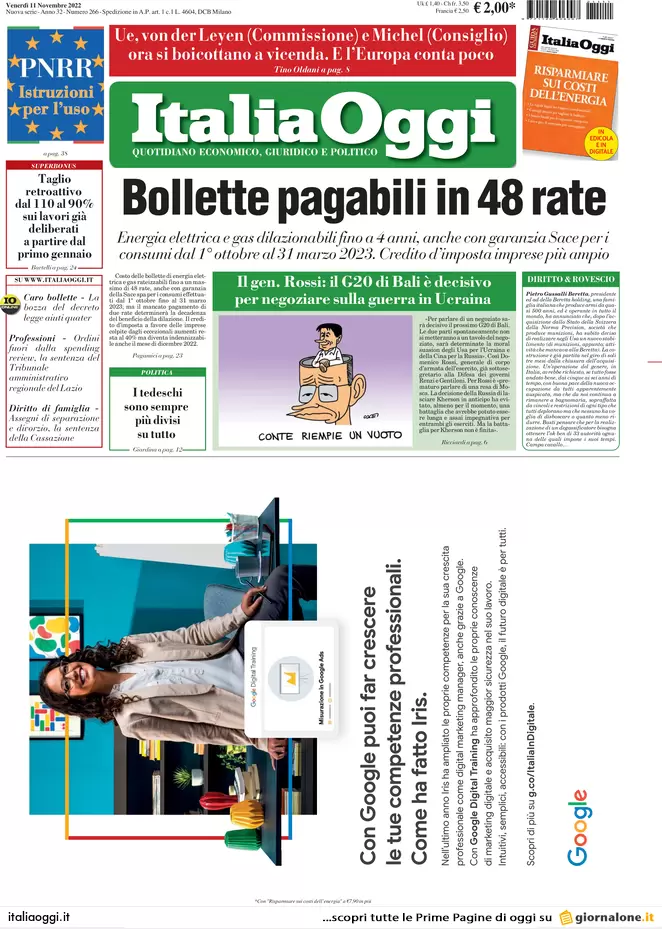 Prime pagine giornali economici 11 novembre. Bollette, pagamenti rateizzabili Prime pagine giornali economici 11 novembre. Bollette, pagamenti rateizzabili