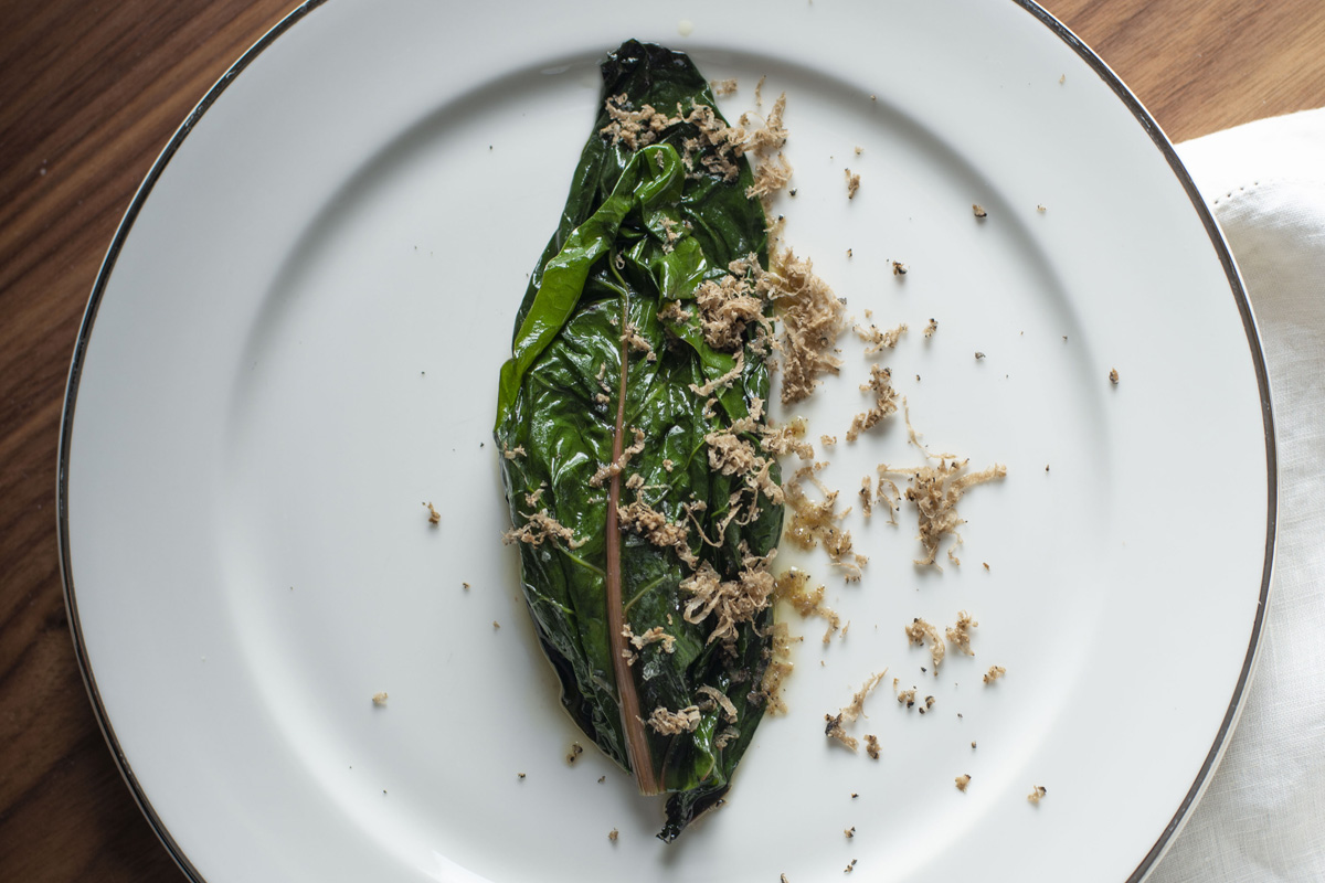 Lasagnetta con bietole, crema di topinambur e tartufo nero