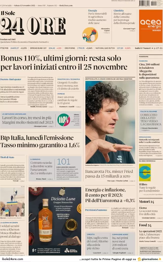 Prime pagine giornali 12 novembre 2022. Tensione Roma-Parigi, Kherson liberata