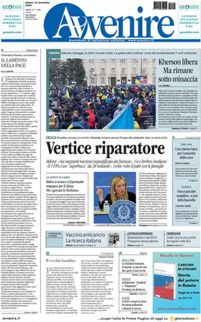 Prime pagine giornali 12 novembre 2022. Tensione Roma-Parigi, Kherson liberata
