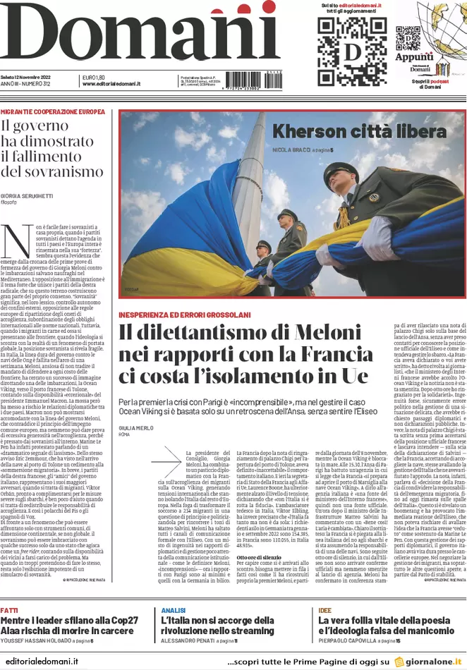 Prime pagine giornali 12 novembre 2022. Tensione Roma-Parigi, Kherson liberata
