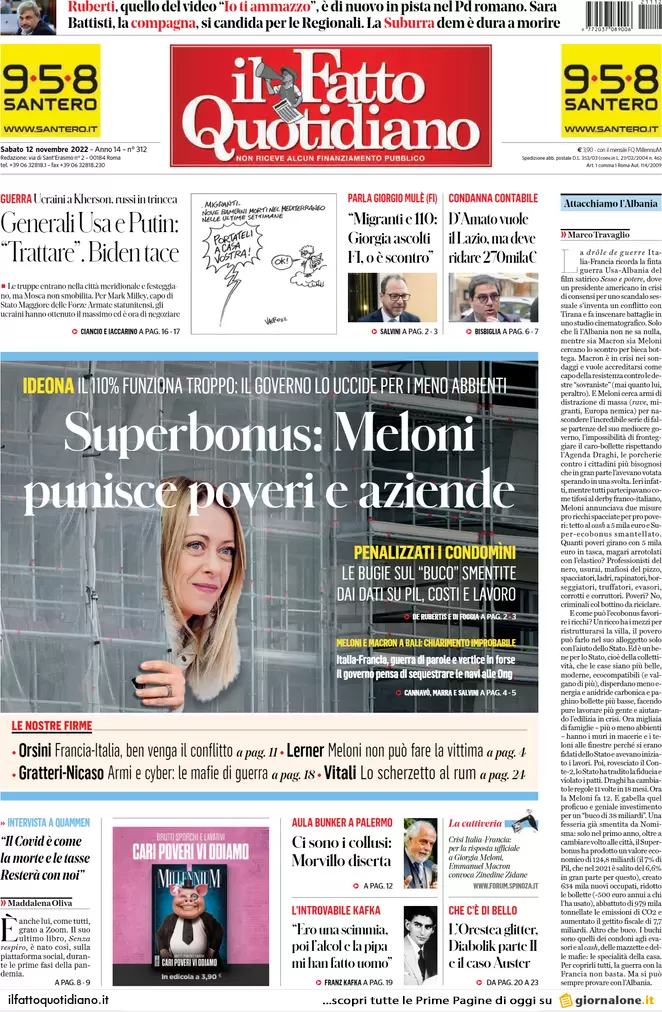 Prime pagine giornali 12 novembre 2022. Tensione Roma-Parigi, Kherson liberata