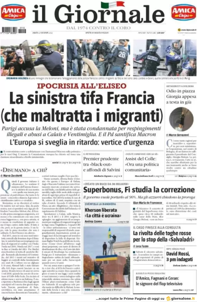 Prime pagine giornali 12 novembre 2022. Tensione Roma-Parigi, Kherson liberata