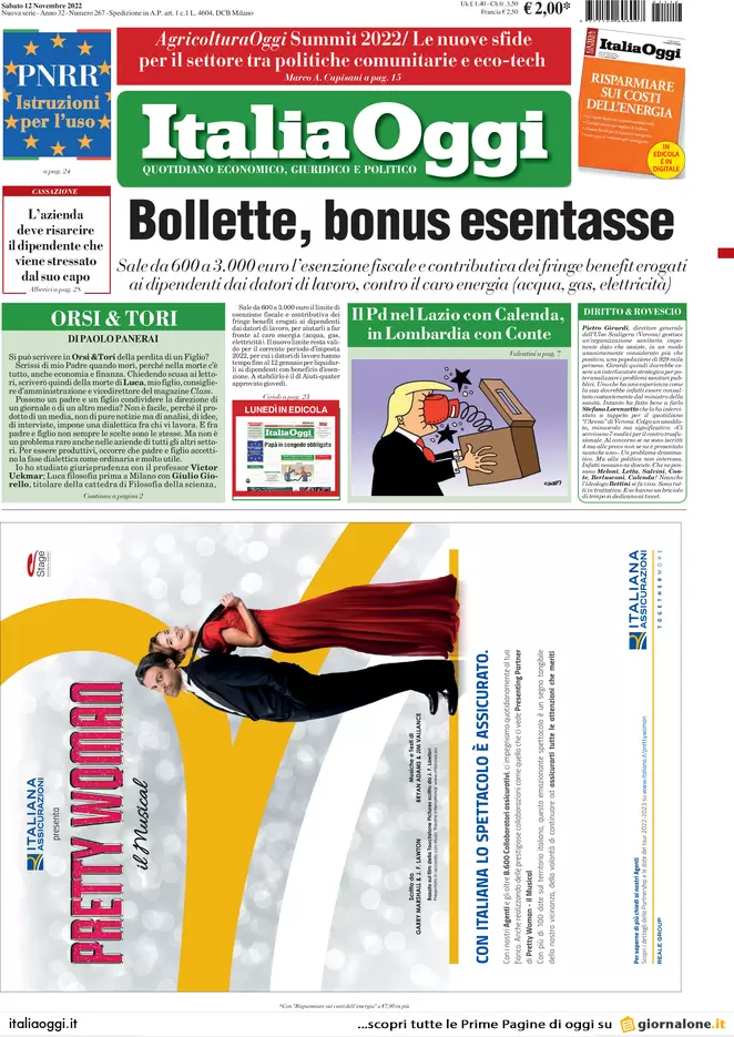 Prime pagine giornali economici 12 novembre. Bonus 110% alla fine e Btp Italia