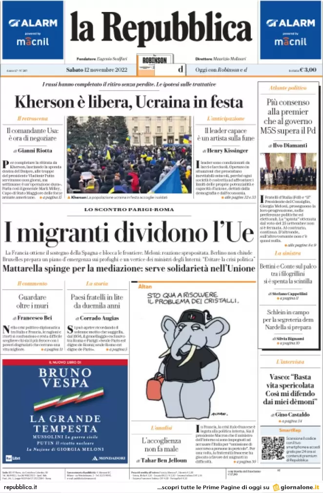 Prime pagine giornali 12 novembre 2022. Tensione Roma-Parigi, Kherson liberata