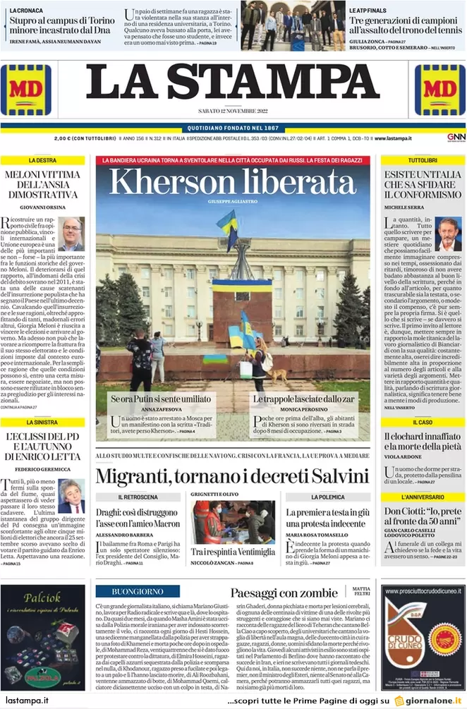 Prime pagine giornali 12 novembre 2022. Tensione Roma-Parigi, Kherson liberata