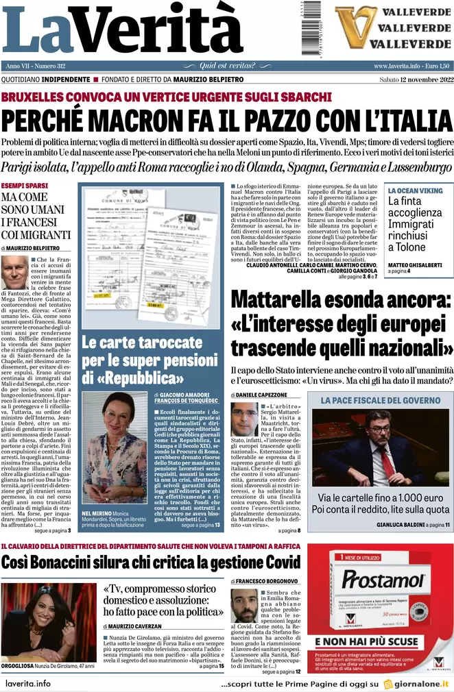Prime pagine giornali 12 novembre 2022. Tensione Roma-Parigi, Kherson liberata