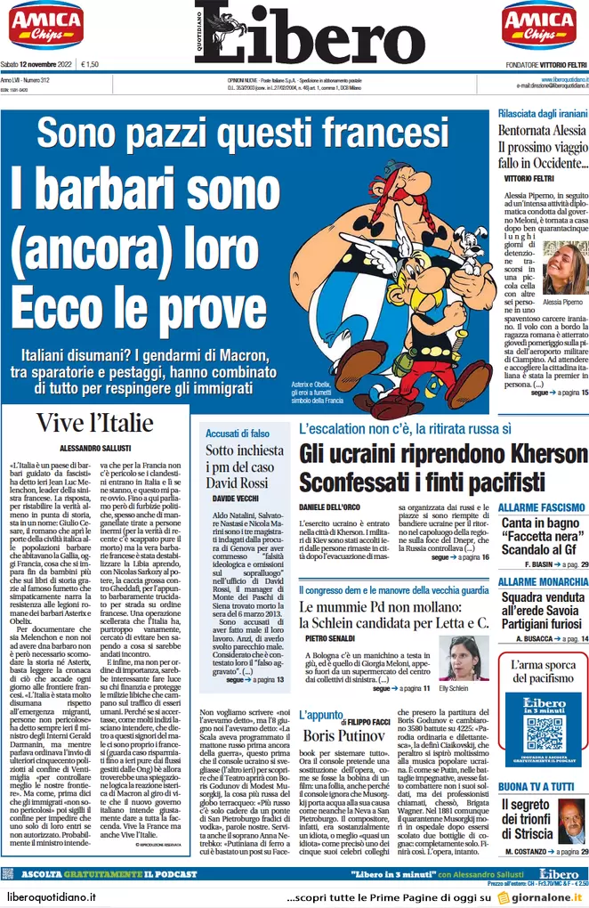 Prime pagine giornali 12 novembre 2022. Tensione Roma-Parigi, Kherson liberata