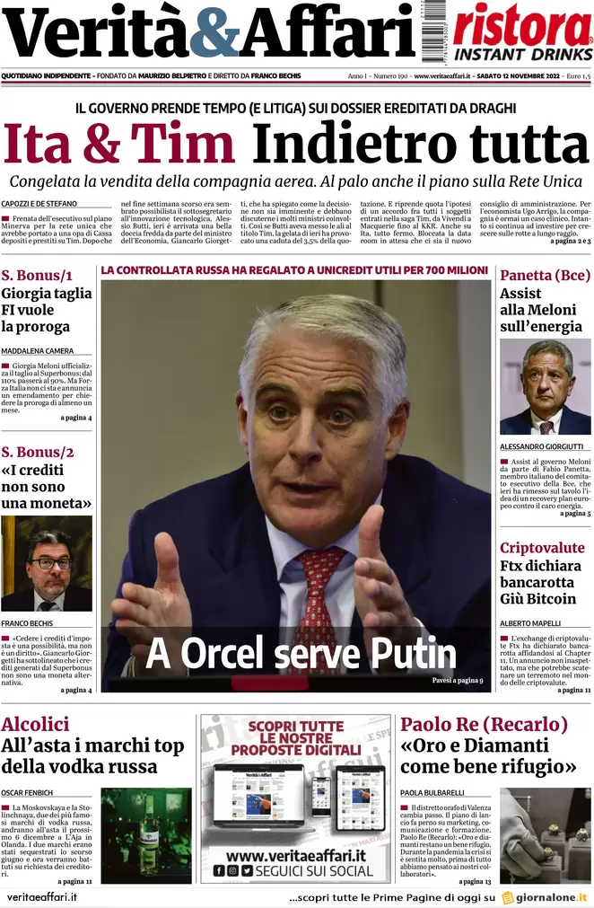 Prime pagine giornali economici 12 novembre. Bonus 110% alla fine e Btp Italia
