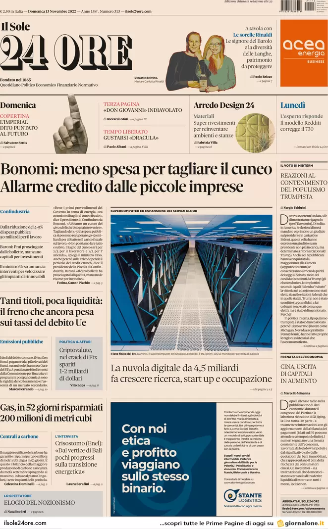 Prime pagine giornali 13 novembre 2022. Migranti, il Sud Europa con l’Italia