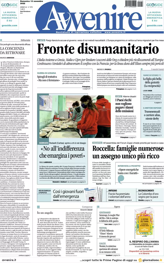 Prime pagine giornali 13 novembre 2022. Migranti, il Sud Europa con l’Italia