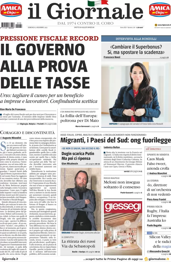 Prime pagine giornali 13 novembre 2022. Migranti, il Sud Europa con l’Italia