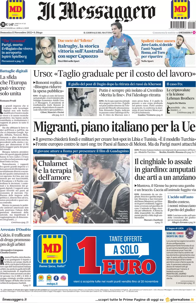 Prime pagine giornali 13 novembre 2022. Migranti, il Sud Europa con l’Italia