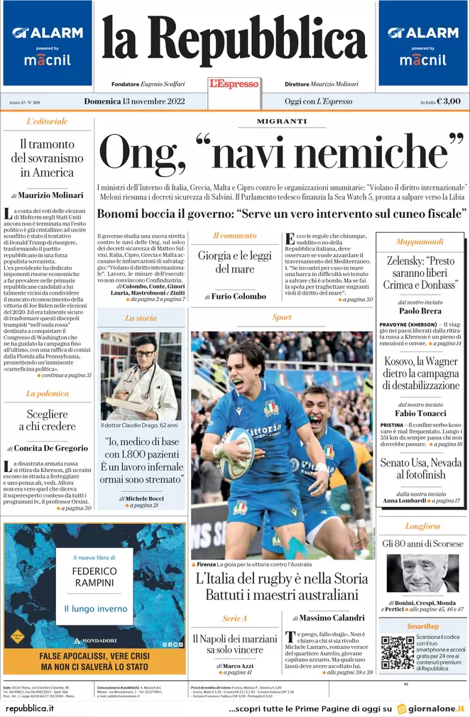 Prime pagine giornali 13 novembre 2022. Migranti, il Sud Europa con l’Italia