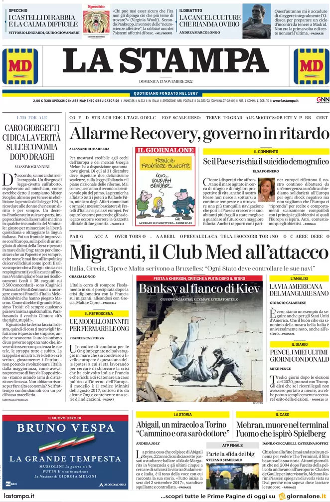 Prime pagine giornali 13 novembre 2022. Migranti, il Sud Europa con l’Italia