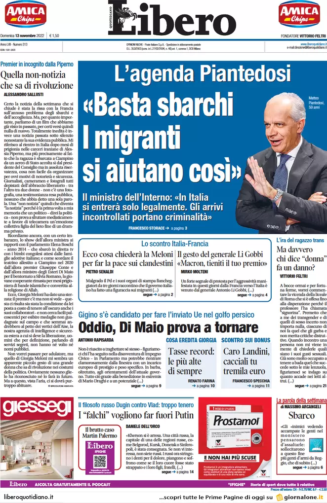 Prime pagine giornali 13 novembre 2022. Migranti, il Sud Europa con l’Italia